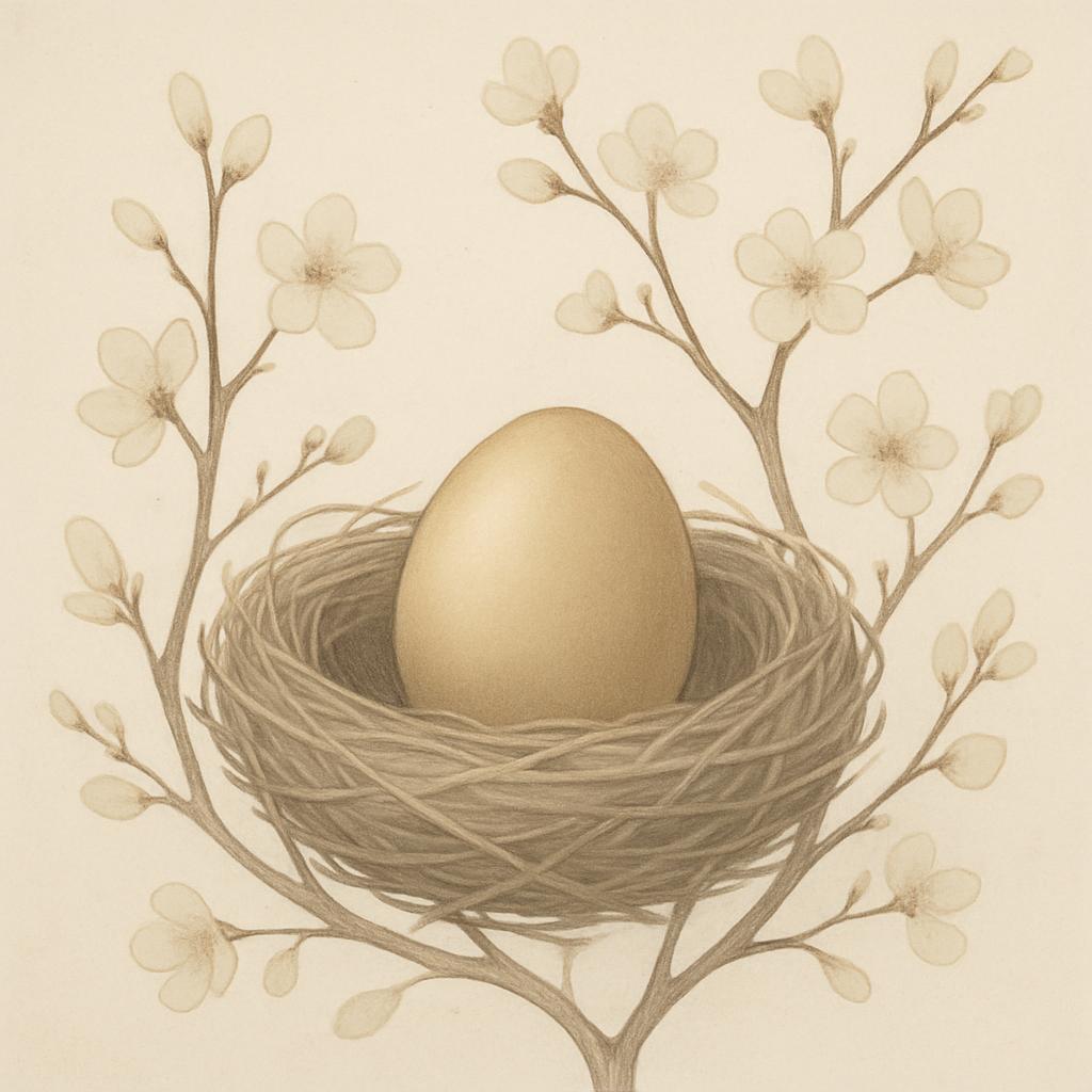 A bird's nest with an egg and decorated with flowers.