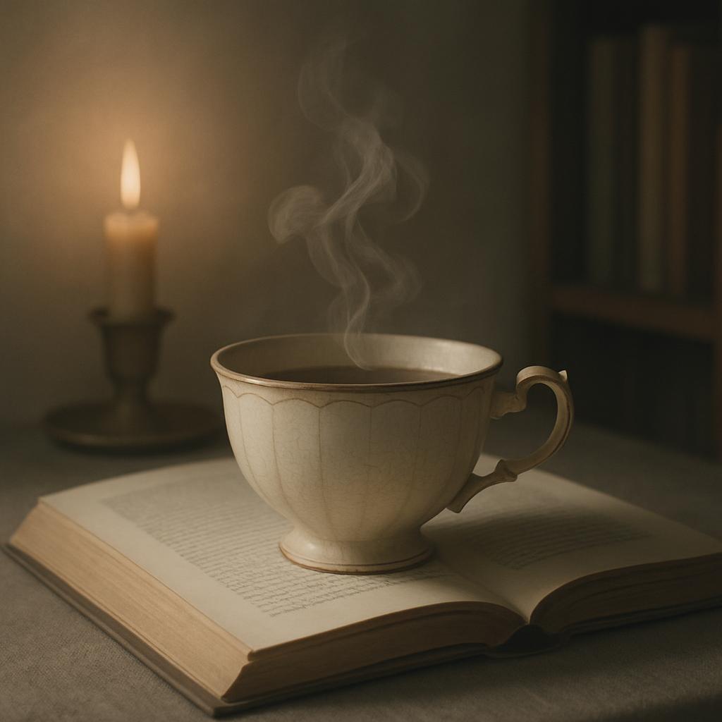 A steaming cup of coffee sits atop an open book, with a lit candle in the background and bookcases nearby, evoking a cozy ...