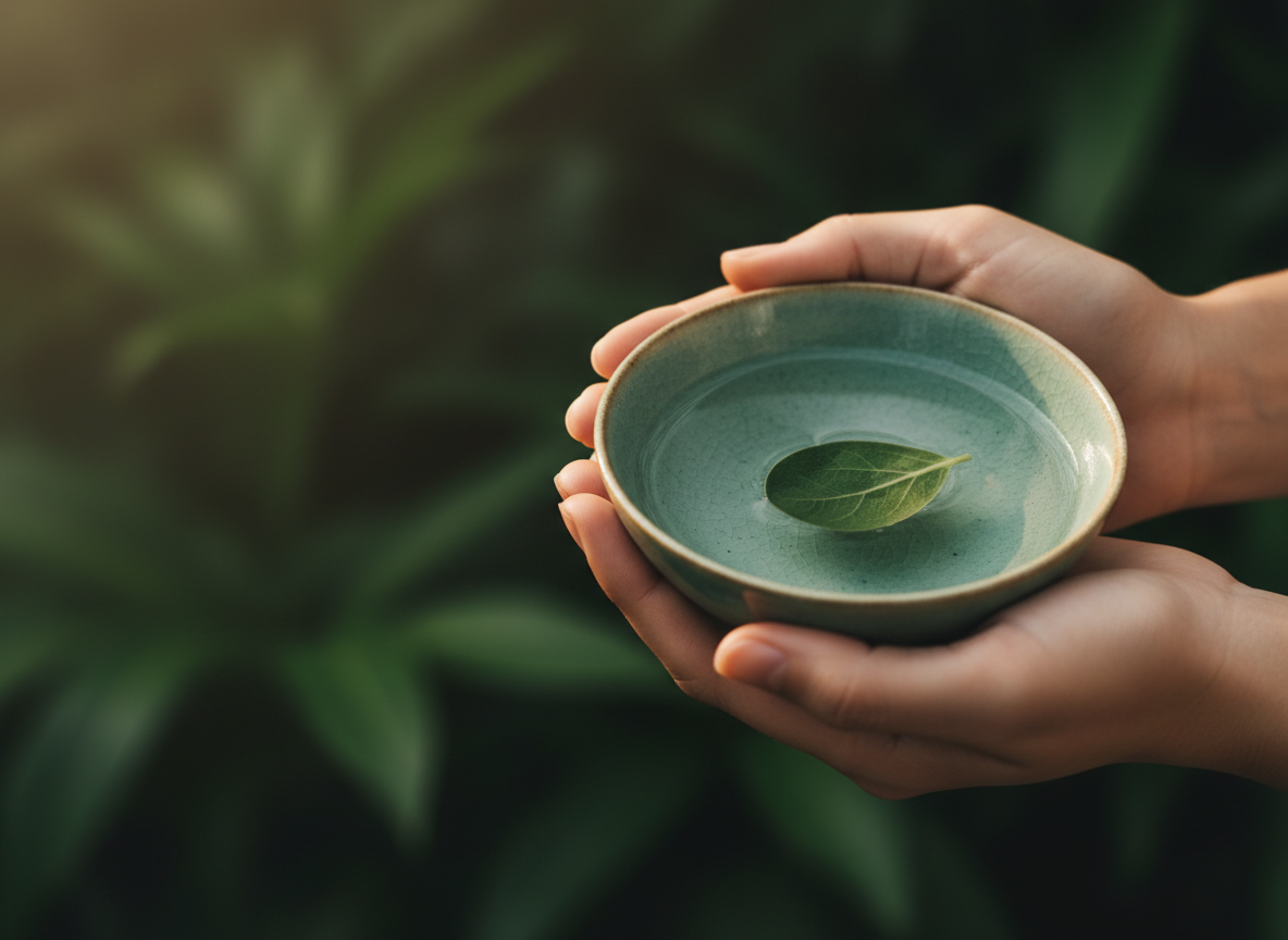 Hands cradling a ceramic bowl with a floating flower petal in soft teal light